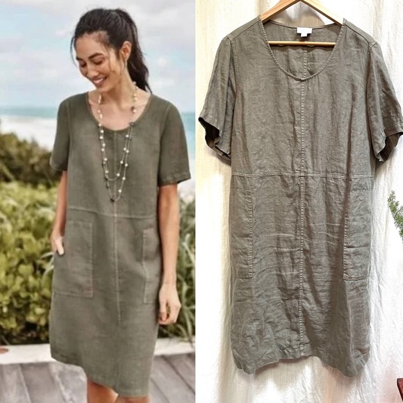 J. Jill Dresses J Jill Pure Jill Garment Dyed Olive Green Pocket Seamed Linen Dress Size Xl